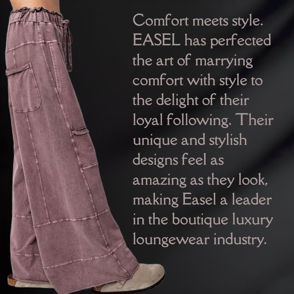EASEL Perfect Cargo LUX Premium Mineral Wash Wide Leg Pant Raw Hem Seam Details - Picture 2 of 11